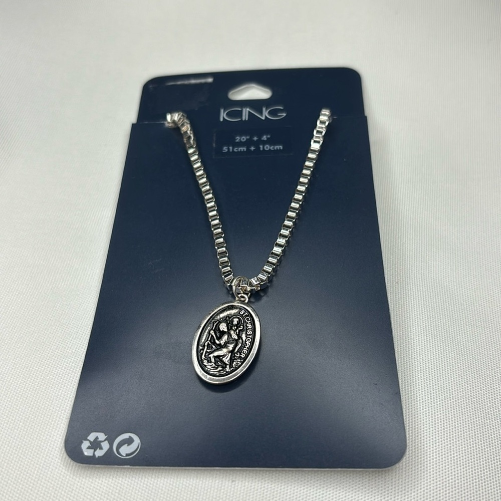 Icing St Christopher Medal Necklace Silver